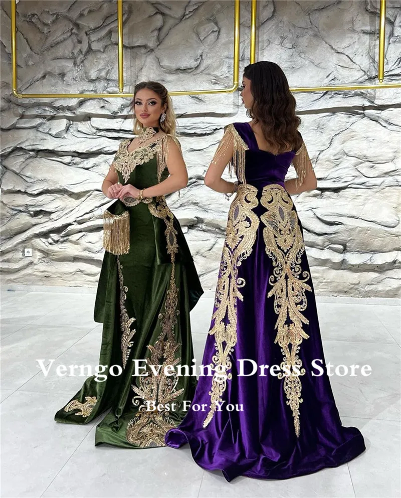 Verngo New Moroccan Kaftan Velvet Evening Dress Detachable Train Purple Applique Long Prom Gowns Karakou Formal Gown customized
