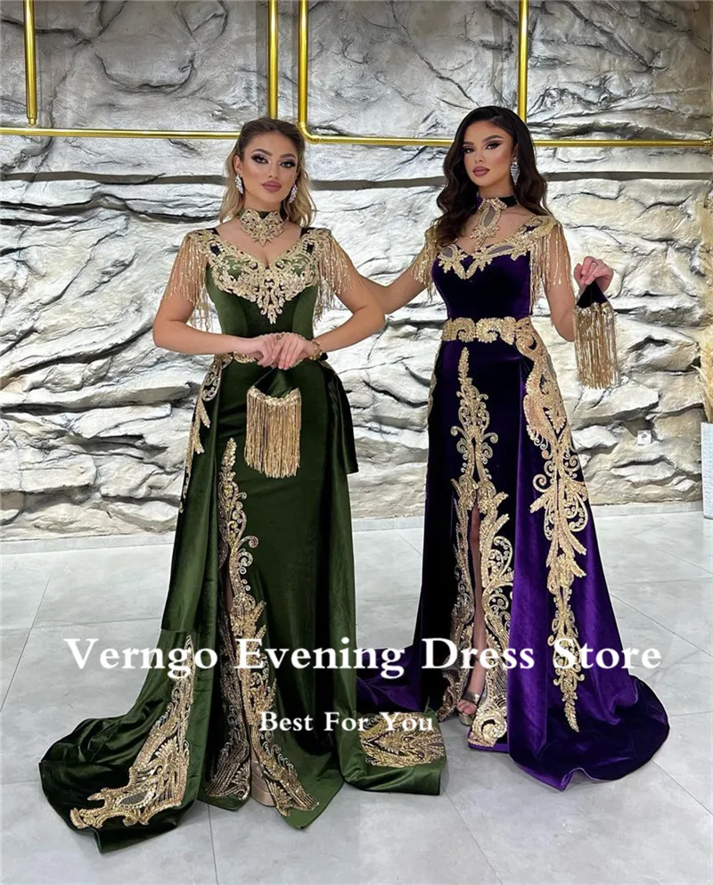 Verngo New Moroccan Kaftan Velvet Evening Dress Detachable Train Purple Applique Long Prom Gowns Karakou Formal Gown customized