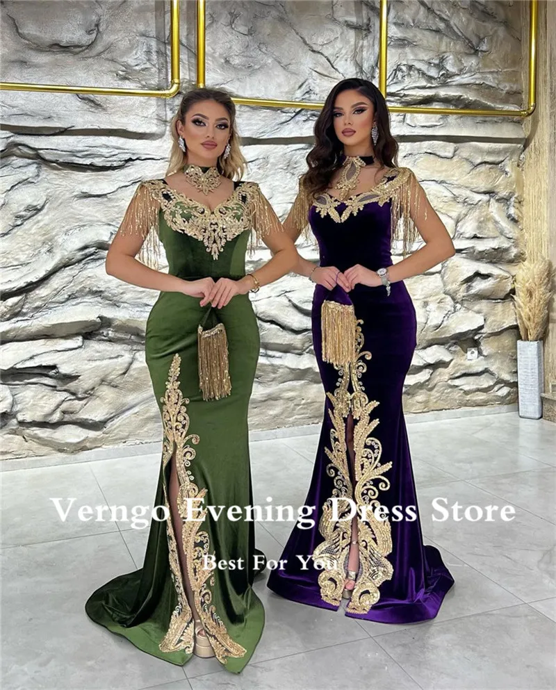 Verngo New Moroccan Kaftan Velvet Evening Dress Detachable Train Purple Applique Long Prom Gowns Karakou Formal Gown customized