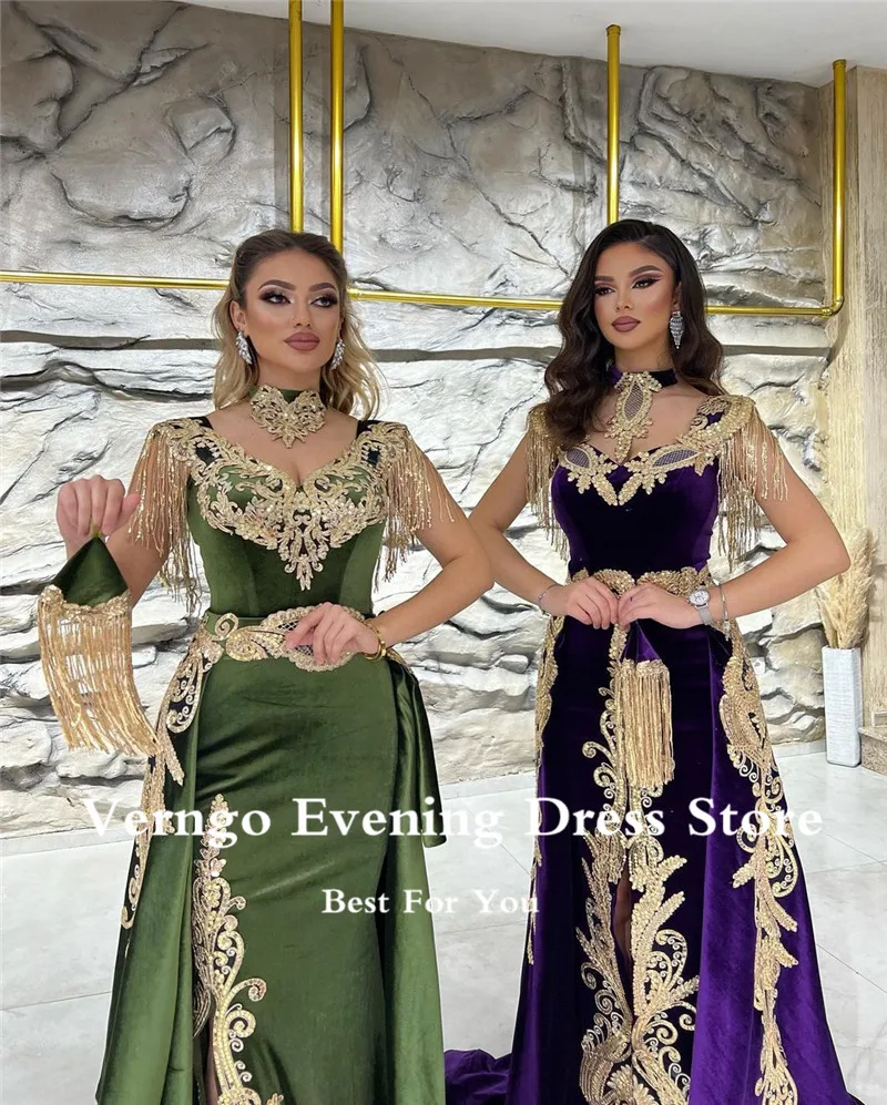 Verngo New Moroccan Kaftan Velvet Evening Dress Detachable Train Purple Applique Long Prom Gowns Karakou Formal Gown customized