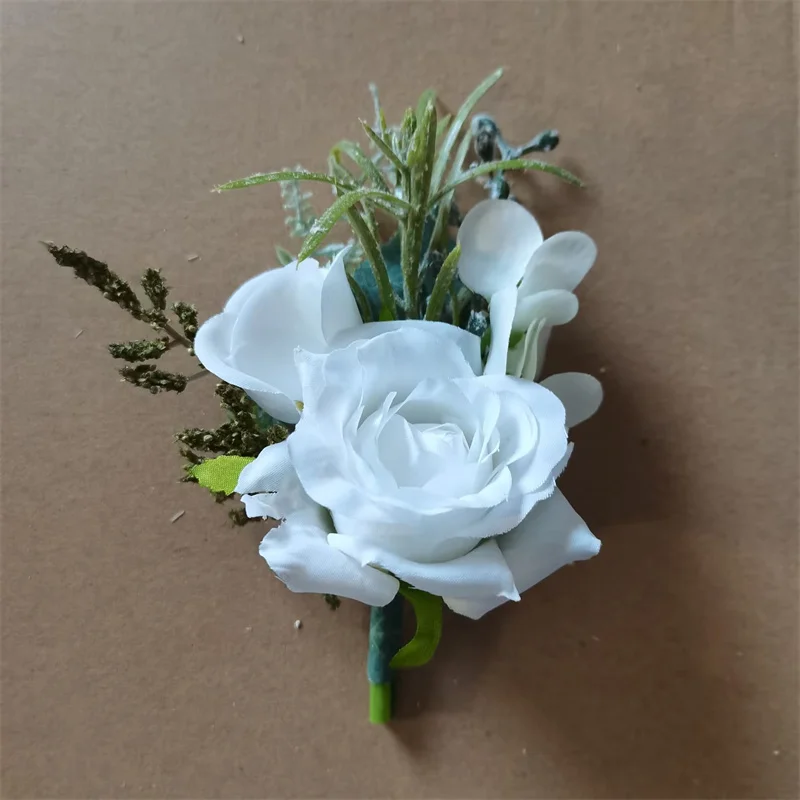 6PCS White Ivory Rose Boutonniere for Men Groom and Best Man Boutonnieres with Artificial Flower for Wedding Ceremony Anniversar