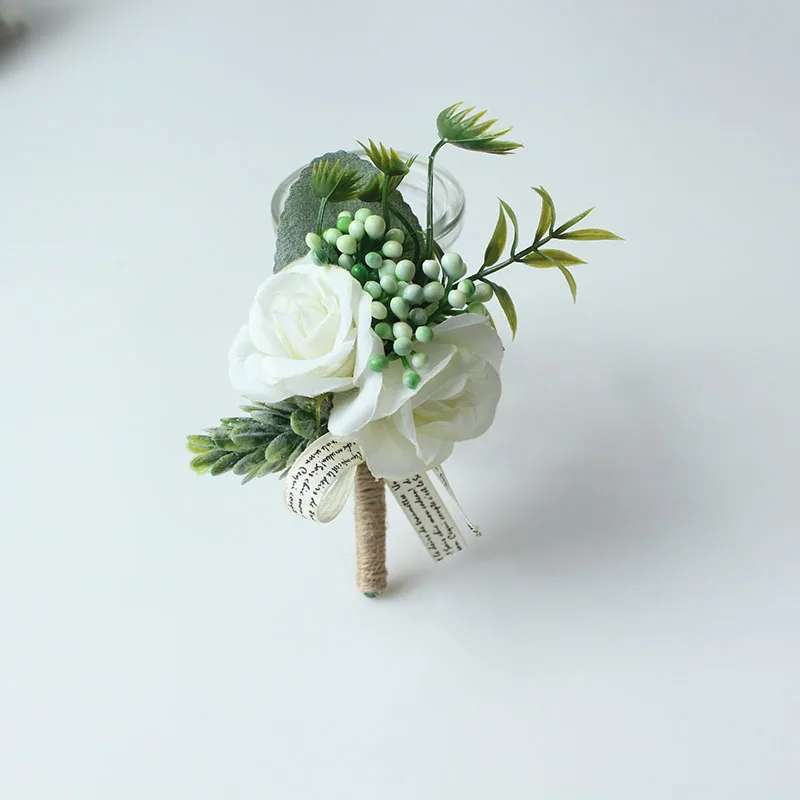 6PCS White Ivory Rose Boutonniere for Men Groom and Best Man Boutonnieres with Artificial Flower for Wedding Ceremony Anniversar