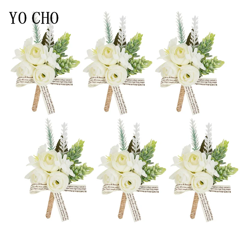 6PCS White Ivory Rose Boutonniere for Men Groom and Best Man Boutonnieres with Artificial Flower for Wedding Ceremony Anniversar