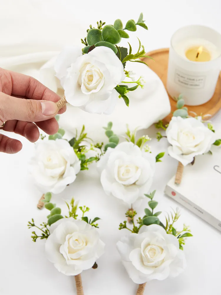 6PCS White Ivory Rose Boutonniere for Men Groom and Best Man Boutonnieres with Artificial Flower for Wedding Ceremony Anniversar
