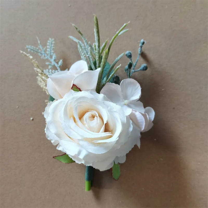 6PCS White Ivory Rose Boutonniere for Men Groom and Best Man Boutonnieres with Artificial Flower for Wedding Ceremony Anniversar