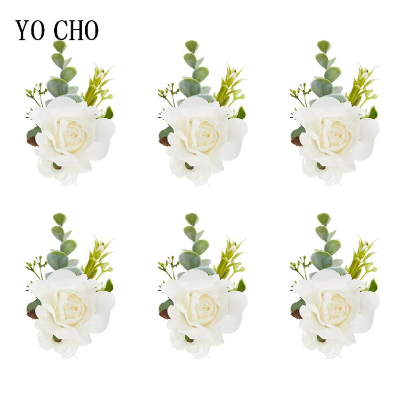 6PCS White Ivory Rose Boutonniere for Men Groom and Best Man Boutonnieres with Artificial Flower for Wedding Ceremony Anniversar