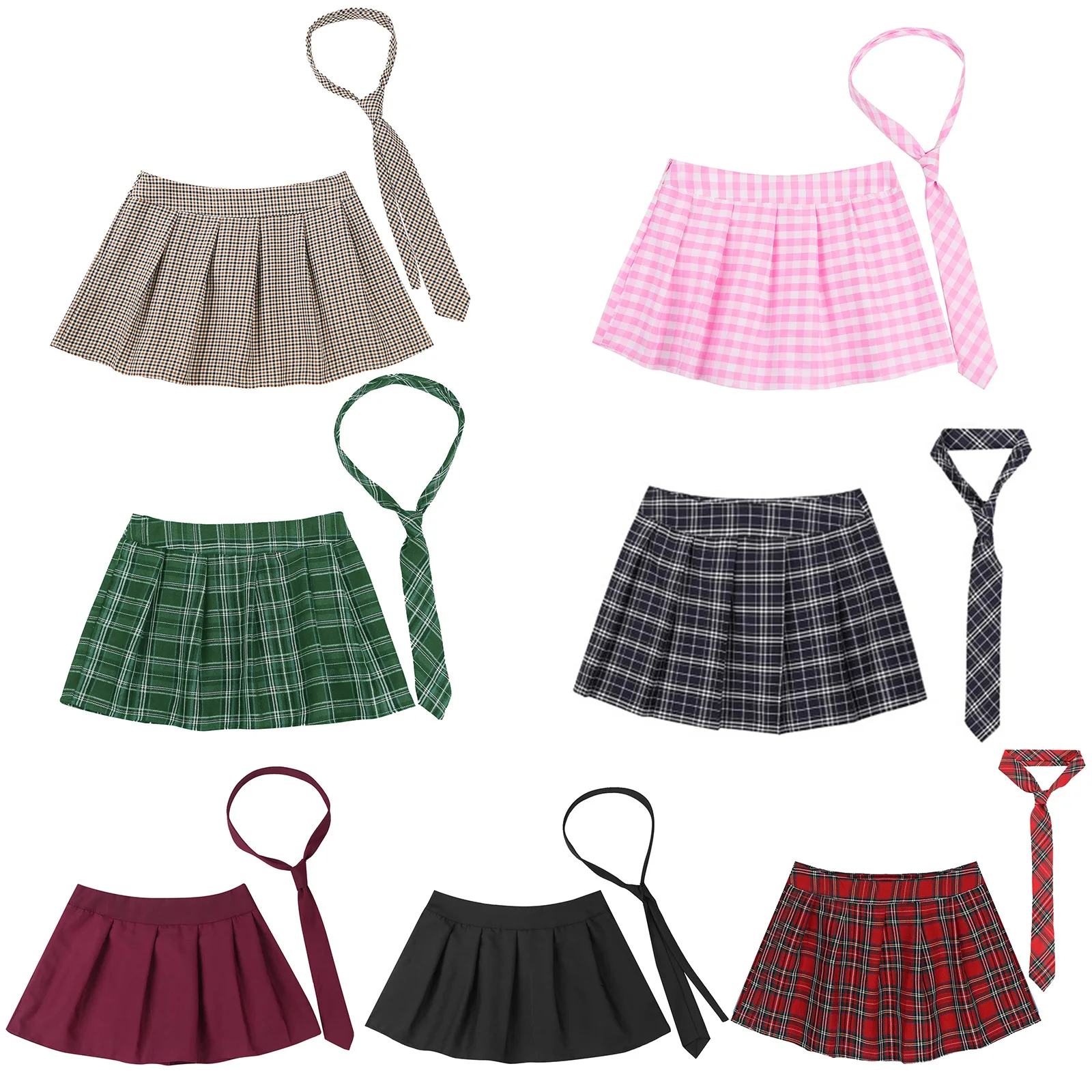 Women High Waist Plaid Pleated Mini Skirt with Necktie Japanese Schoolgirls Uniform Nightclub Outfit Carnival Cosplay Costume