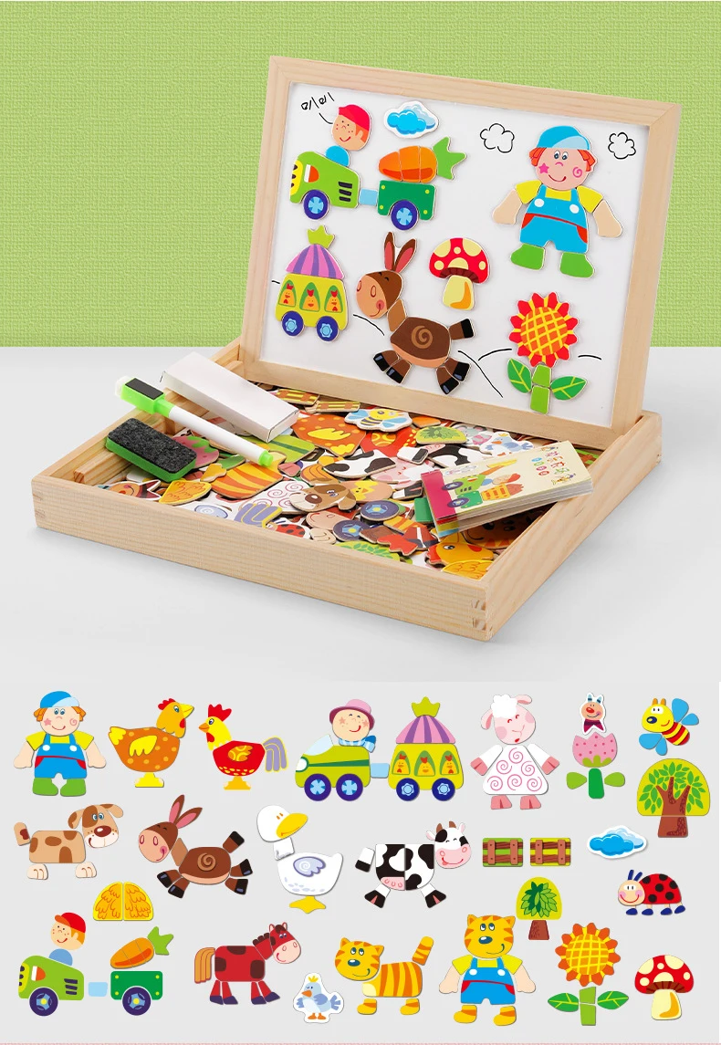 100+Pcs Wooden Multifunction Children Animal Puzzle Writing Magnetic Drawing Board Blackboard Learning Education Toys For Kids