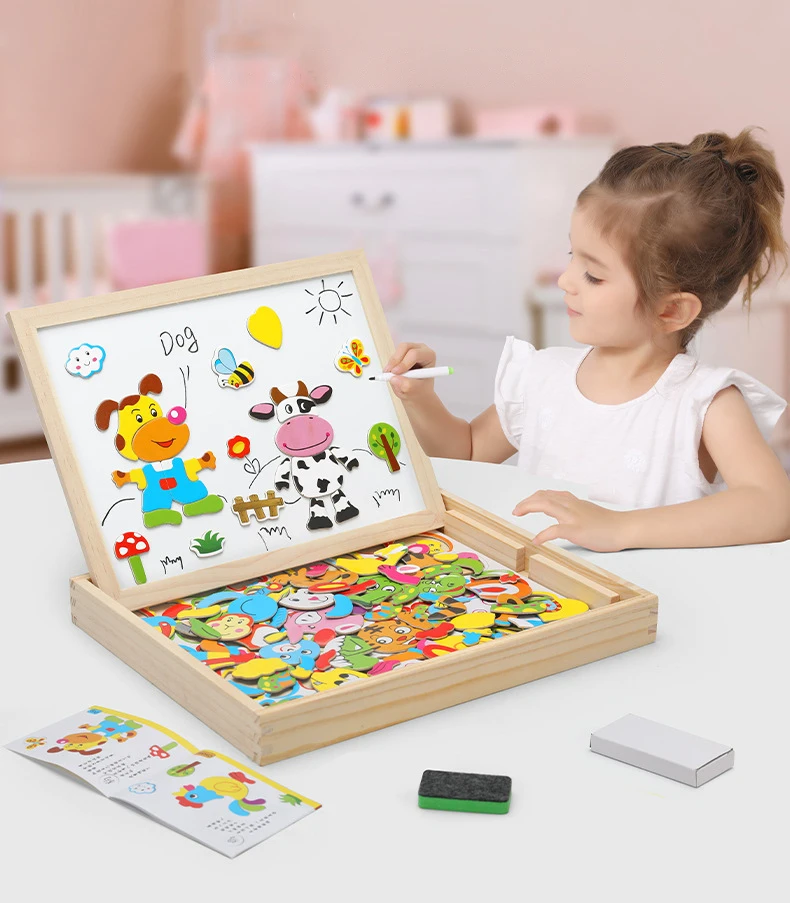 100+Pcs Wooden Multifunction Children Animal Puzzle Writing Magnetic Drawing Board Blackboard Learning Education Toys For Kids