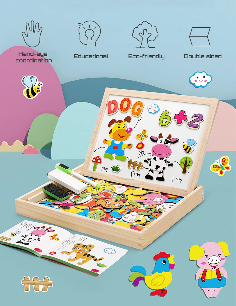 100+Pcs Wooden Multifunction Children Animal Puzzle Writing Magnetic Drawing Board Blackboard Learning Education Toys For Kids