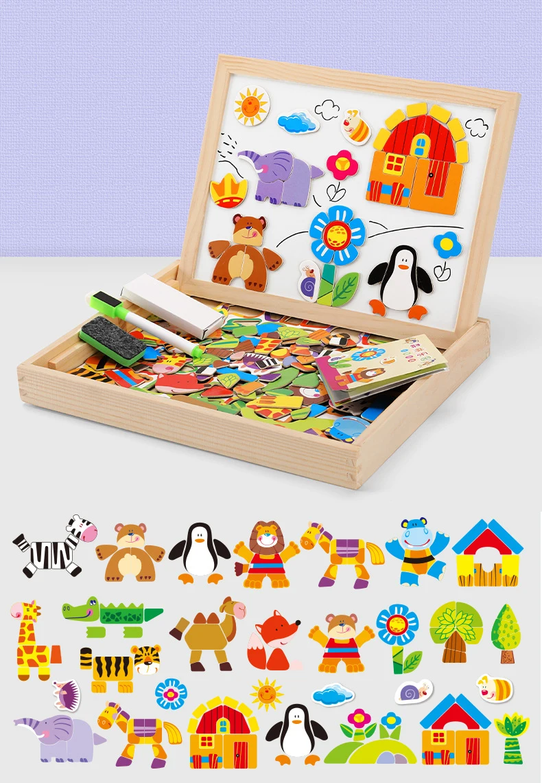 100+Pcs Wooden Multifunction Children Animal Puzzle Writing Magnetic Drawing Board Blackboard Learning Education Toys For Kids