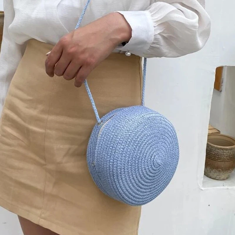 Round Straw Bag Women Woven Beach Crossbody Bag for Ladies Cute Shoulder Rattan Handmade Knitted Candy Color Small Handbag Bolsa
