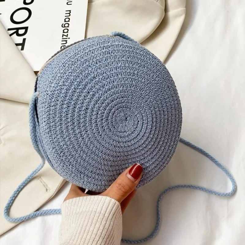 Round Straw Bag Women Woven Beach Crossbody Bag for Ladies Cute Shoulder Rattan Handmade Knitted Candy Color Small Handbag Bolsa