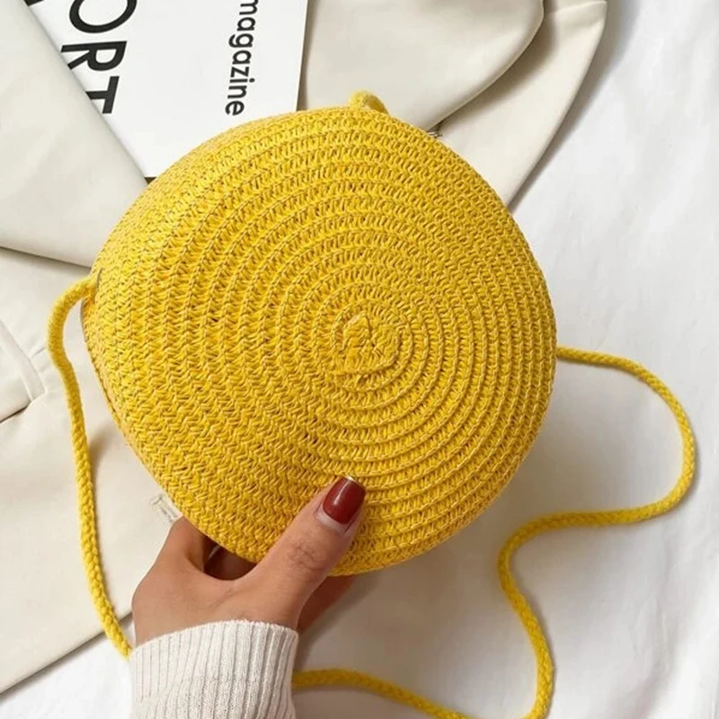 Round Straw Bag Women Woven Beach Crossbody Bag for Ladies Cute Shoulder Rattan Handmade Knitted Candy Color Small Handbag Bolsa