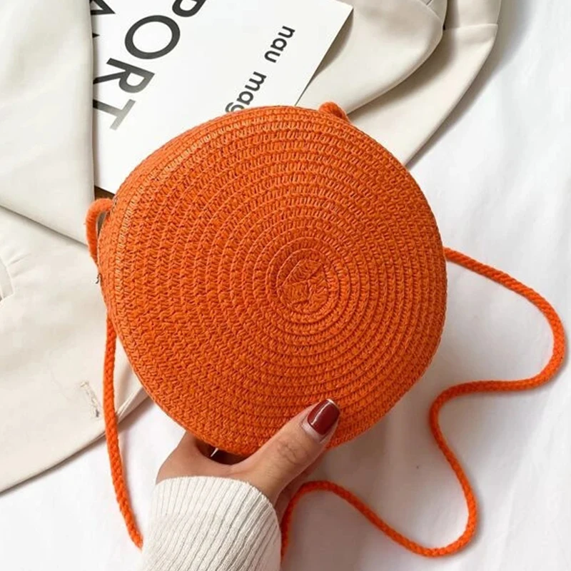 Round Straw Bag Women Woven Beach Crossbody Bag for Ladies Cute Shoulder Rattan Handmade Knitted Candy Color Small Handbag Bolsa