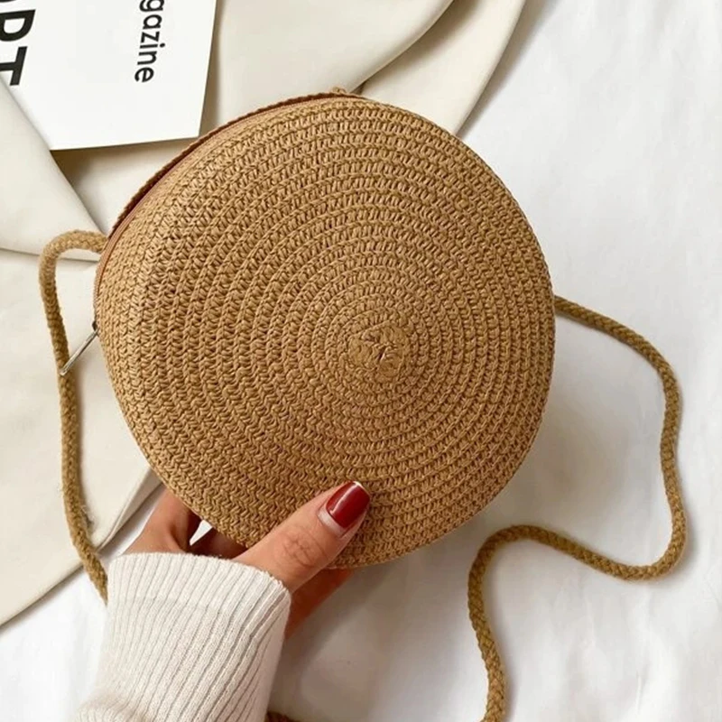 Round Straw Bag Women Woven Beach Crossbody Bag for Ladies Cute Shoulder Rattan Handmade Knitted Candy Color Small Handbag Bolsa