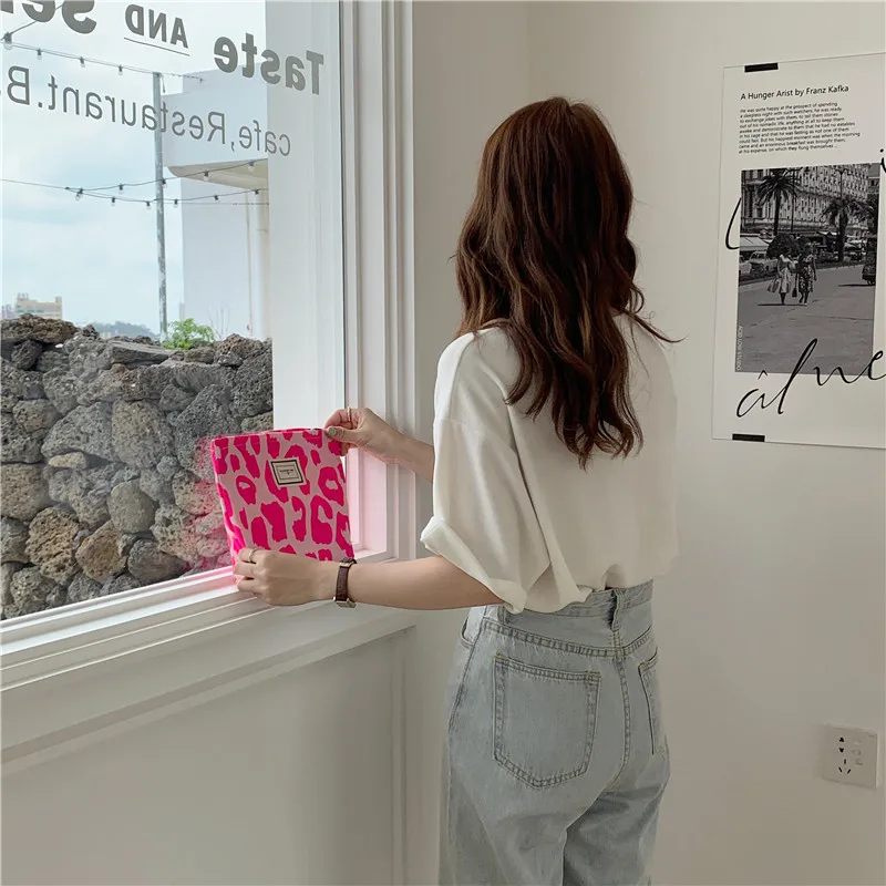 Pink Leopard Print Women Cosmetic Bag Retro Flower Ladies Small Clutch Purse Travel Handbags Schoolgirl Pencil Storage Bags