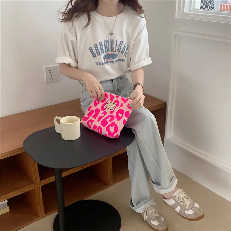 Pink Leopard Print Women Cosmetic Bag Retro Flower Ladies Small Clutch Purse Travel Handbags Schoolgirl Pencil Storage Bags
