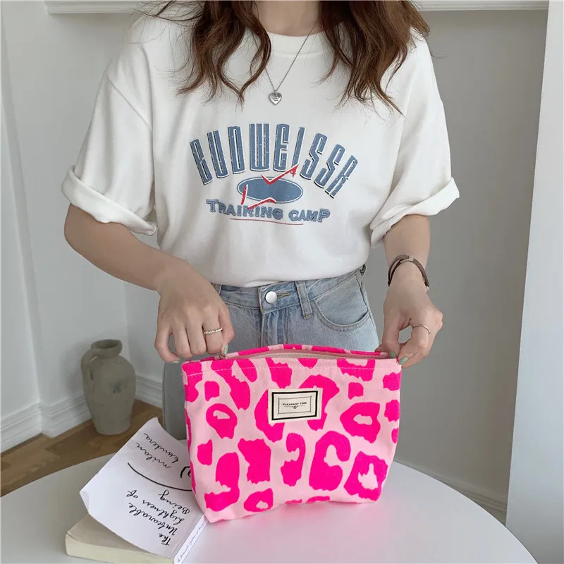 Pink Leopard Print Women Cosmetic Bag Retro Flower Ladies Small Clutch Purse Travel Handbags Schoolgirl Pencil Storage Bags