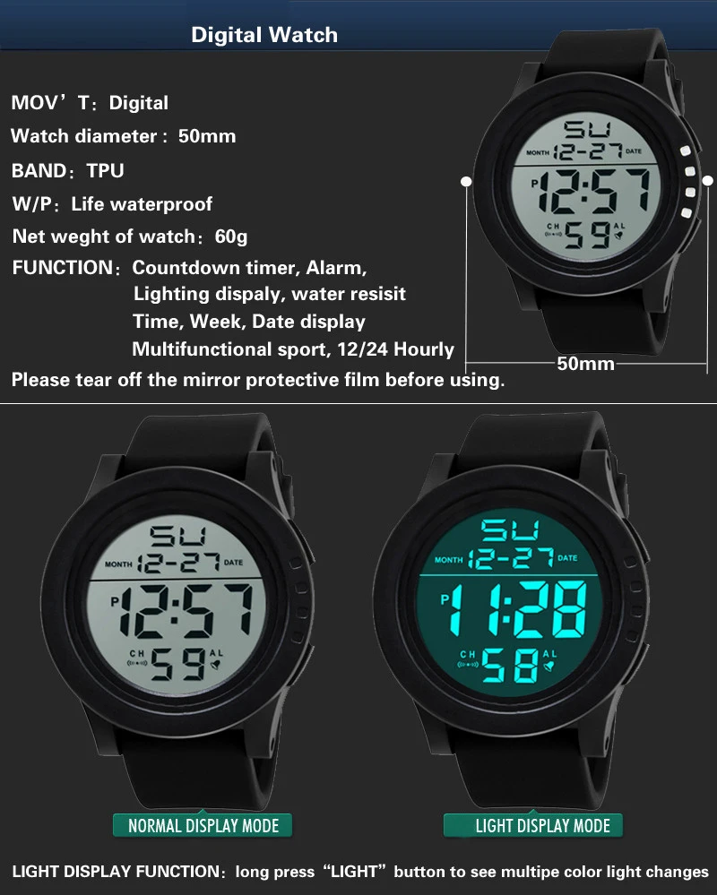 Big Dial Men's Watch Military Sport Watch Luminous LED Digital Watch Multifunciton Outdoor Waterproof Electronic Watches for Man