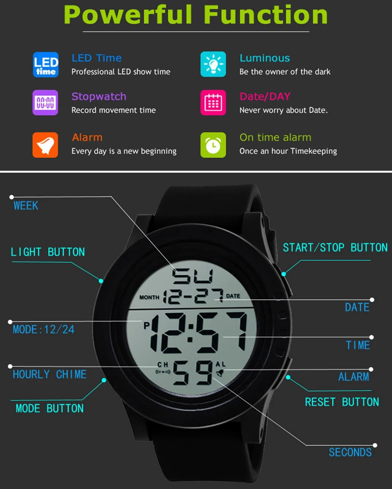 Big Dial Men's Watch Military Sport Watch Luminous LED Digital Watch Multifunciton Outdoor Waterproof Electronic Watches for Man