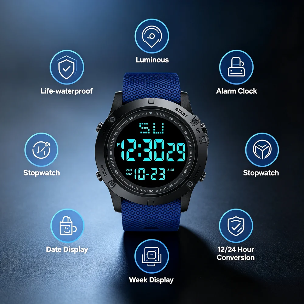 Big Dial Men's Watch Military Sport Watch Luminous LED Digital Watch Multifunciton Outdoor Waterproof Electronic Watches for Man