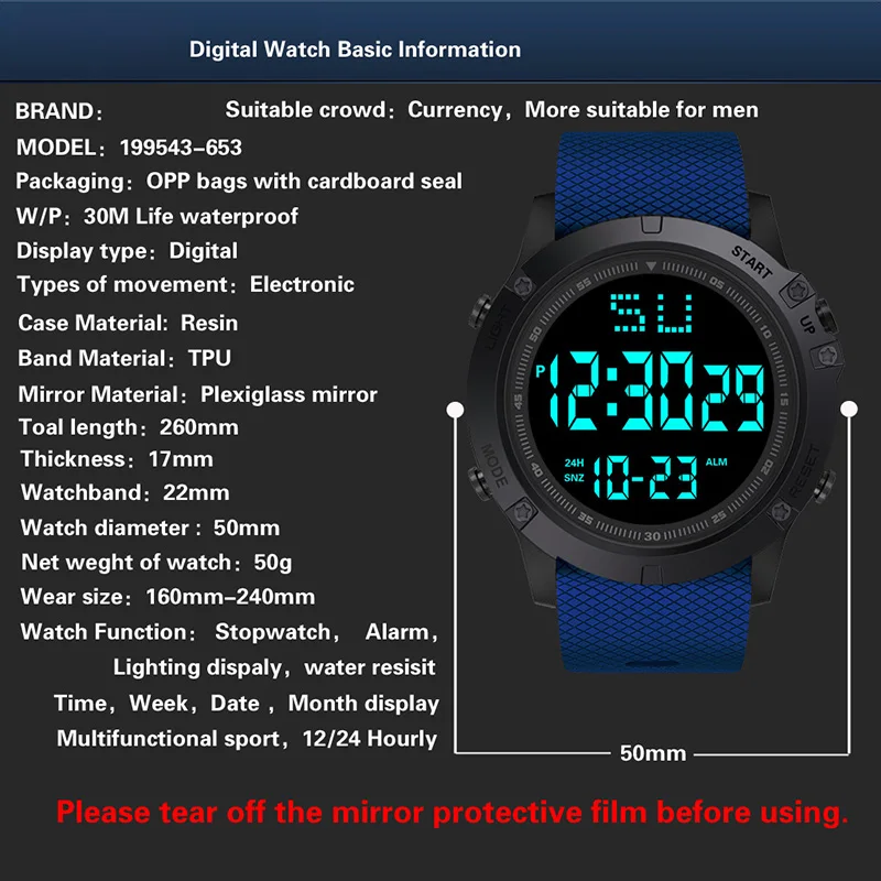 Big Dial Men's Watch Military Sport Watch Luminous LED Digital Watch Multifunciton Outdoor Waterproof Electronic Watches for Man