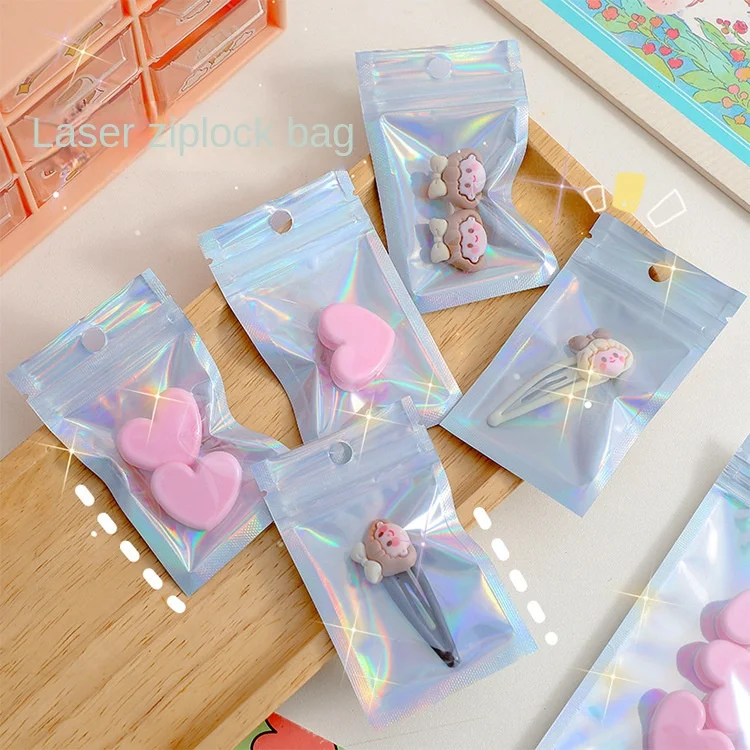 50 Pieces Cute Laser Self Sealing Little Small Plastic Bags for Jewelry Display Bags Pouch and Packaging Organizer Storage Bag