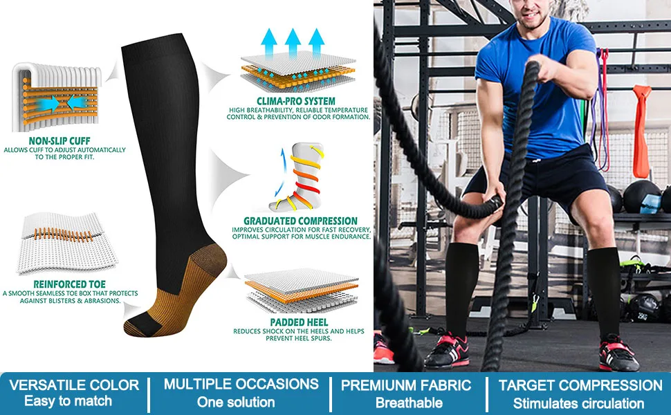 Copper Compression Socks Men Women Anti Fatigue Pain Relief Knee High Stockings 20-30 mmHg for Running Athletic Pregnancy XXL
