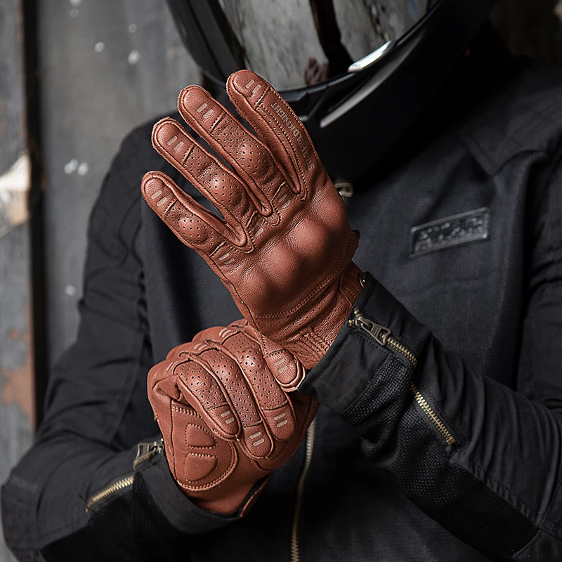 SFK Genuine Goat Leather Retro Motorcycle Gloves Full Finger Summer Breathable Knuckle Protection Riding Race Gears Accessories