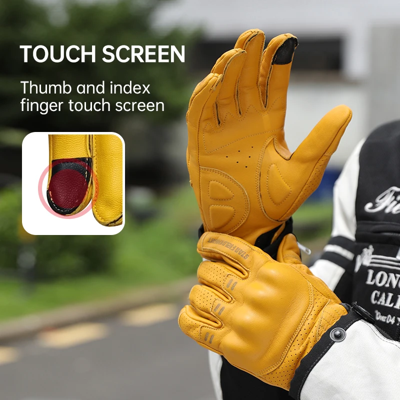 SFK Genuine Goat Leather Retro Motorcycle Gloves Full Finger Summer Breathable Knuckle Protection Riding Race Gears Accessories