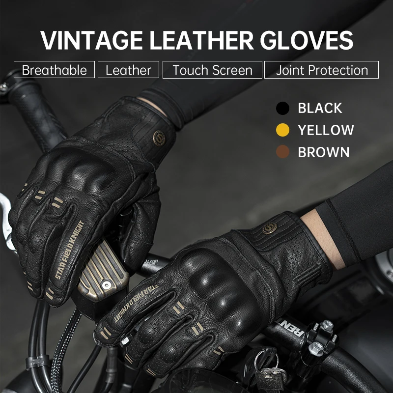 SFK Genuine Goat Leather Retro Motorcycle Gloves Full Finger Summer Breathable Knuckle Protection Riding Race Gears Accessories