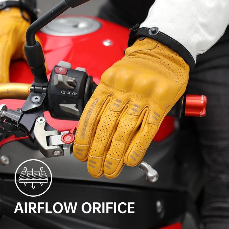 SFK Genuine Goat Leather Retro Motorcycle Gloves Full Finger Summer Breathable Knuckle Protection Riding Race Gears Accessories