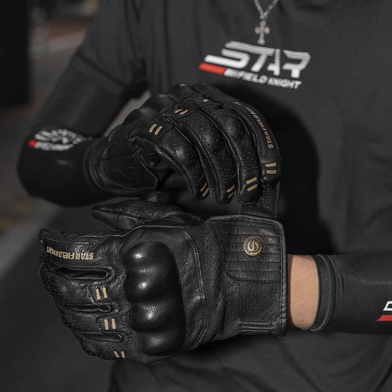 SFK Genuine Goat Leather Retro Motorcycle Gloves Full Finger Summer Breathable Knuckle Protection Riding Race Gears Accessories