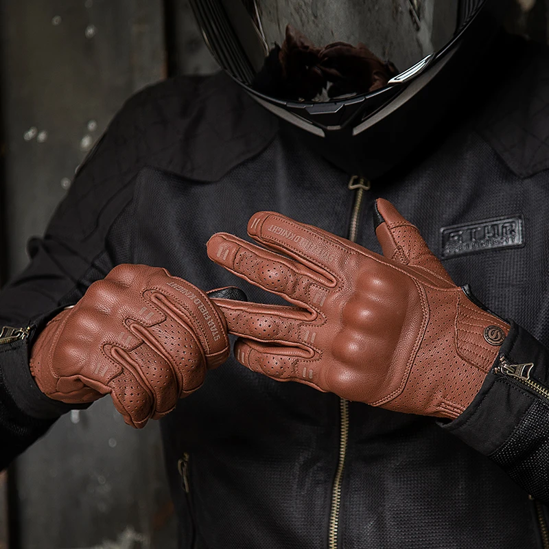 SFK Genuine Goat Leather Retro Motorcycle Gloves Full Finger Summer Breathable Knuckle Protection Riding Race Gears Accessories