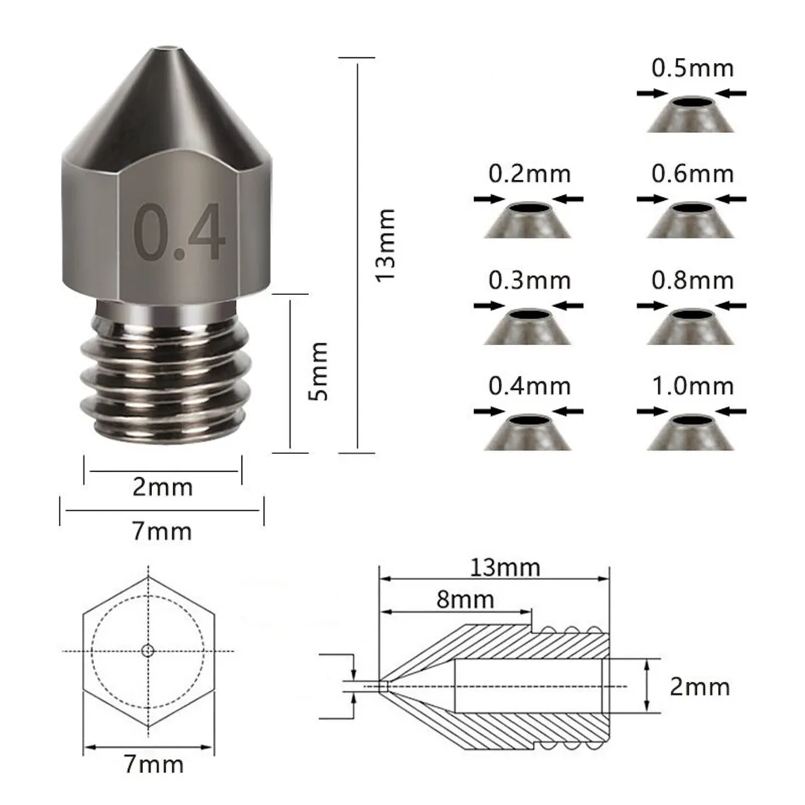 1/3Pcs MK8 Nozzle Hardened Steel M6 Corrosion-Resistant Extruder 0.4/0.6/0.8mm 3D Printer Nozzle For CR10 Ender 3 Sapphire Pro