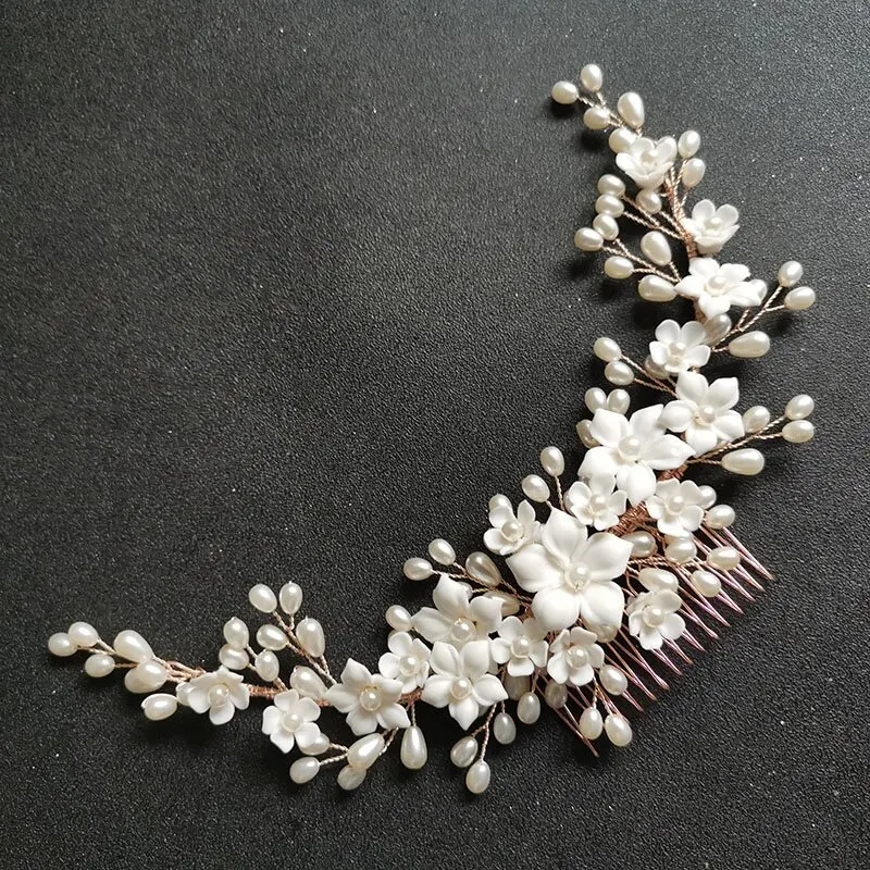 SLBRIDAL Handmade Crystal Rhinestone Pearls Ceramic Flower Bridal Hair Comb Wedding Hair Accessories Bridesmaids Women Jewelry