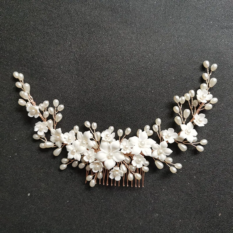 SLBRIDAL Handmade Crystal Rhinestone Pearls Ceramic Flower Bridal Hair Comb Wedding Hair Accessories Bridesmaids Women Jewelry