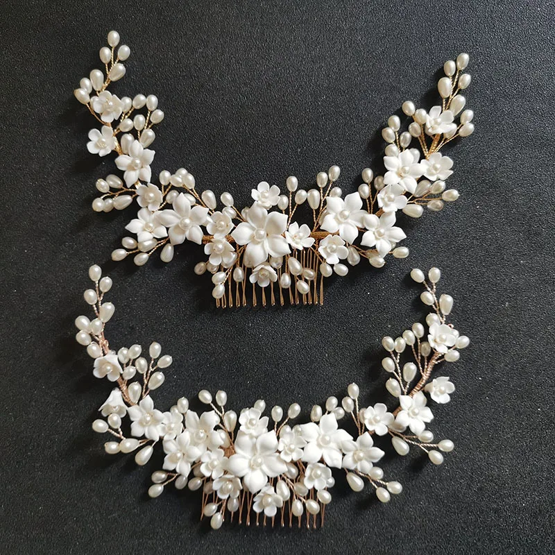 SLBRIDAL Handmade Crystal Rhinestone Pearls Ceramic Flower Bridal Hair Comb Wedding Hair Accessories Bridesmaids Women Jewelry