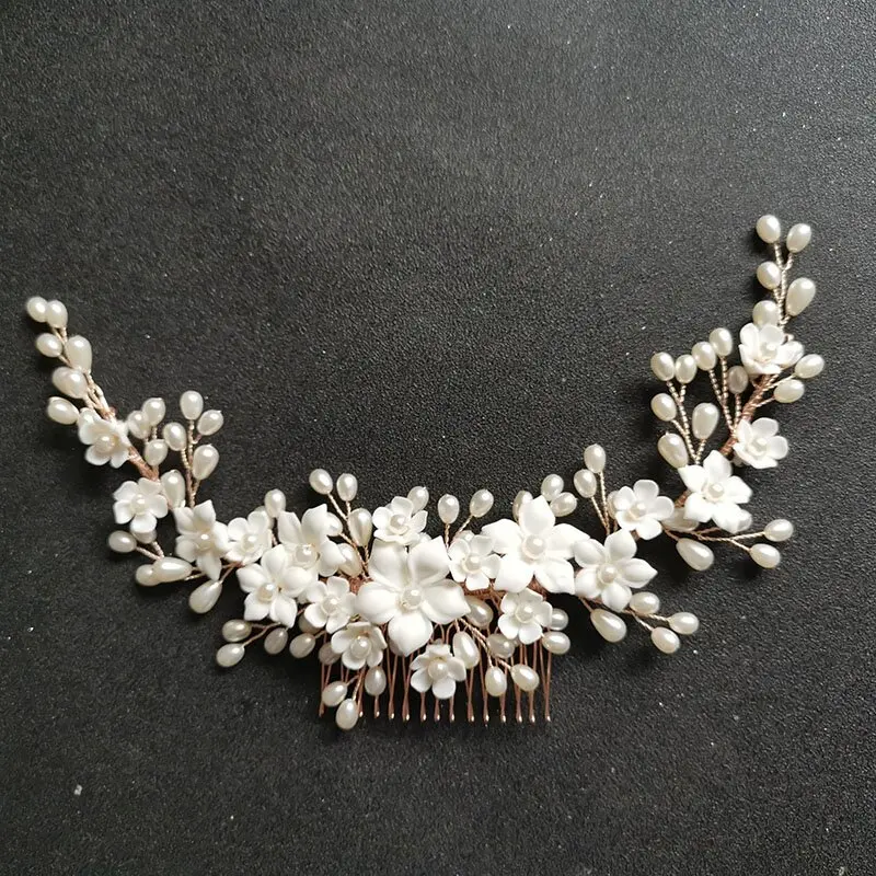 SLBRIDAL Handmade Crystal Rhinestone Pearls Ceramic Flower Bridal Hair Comb Wedding Hair Accessories Bridesmaids Women Jewelry