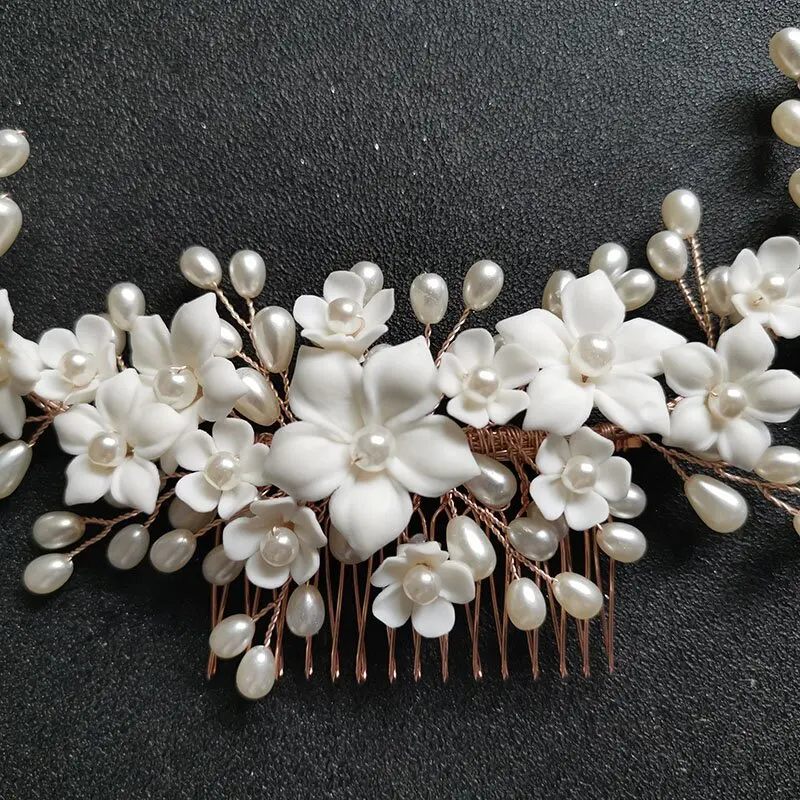 SLBRIDAL Handmade Crystal Rhinestone Pearls Ceramic Flower Bridal Hair Comb Wedding Hair Accessories Bridesmaids Women Jewelry