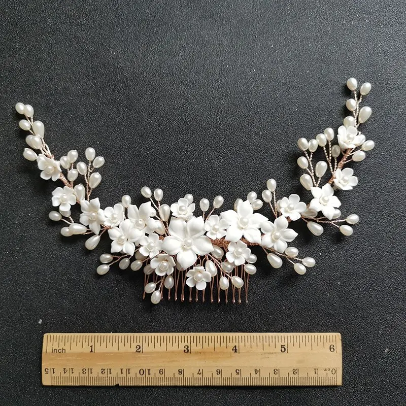SLBRIDAL Handmade Crystal Rhinestone Pearls Ceramic Flower Bridal Hair Comb Wedding Hair Accessories Bridesmaids Women Jewelry
