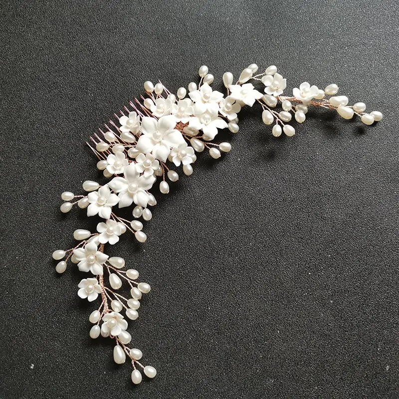 SLBRIDAL Handmade Crystal Rhinestone Pearls Ceramic Flower Bridal Hair Comb Wedding Hair Accessories Bridesmaids Women Jewelry