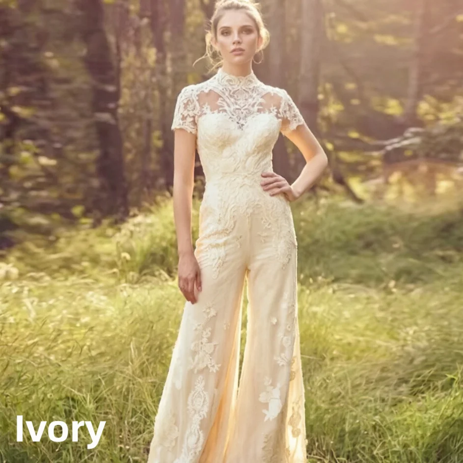 Bridal Jumpsuit High Neck Short Sleeve Lace Wedding Outfit Illusion Open Back Wide Leg Pants Bohemian Wedding Dress Custom Made