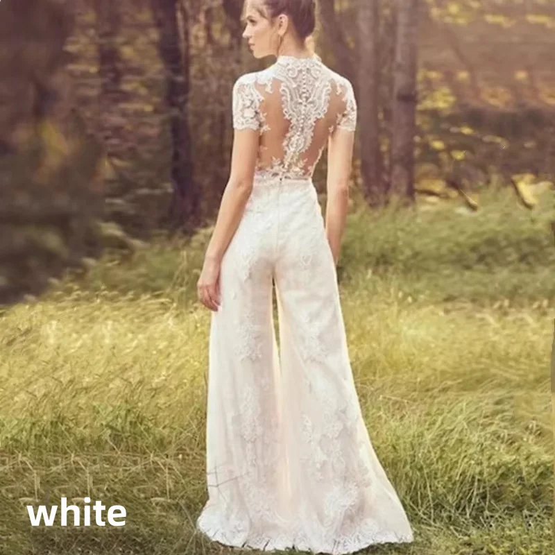 Bridal Jumpsuit High Neck Short Sleeve Lace Wedding Outfit Illusion Open Back Wide Leg Pants Bohemian Wedding Dress Custom Made