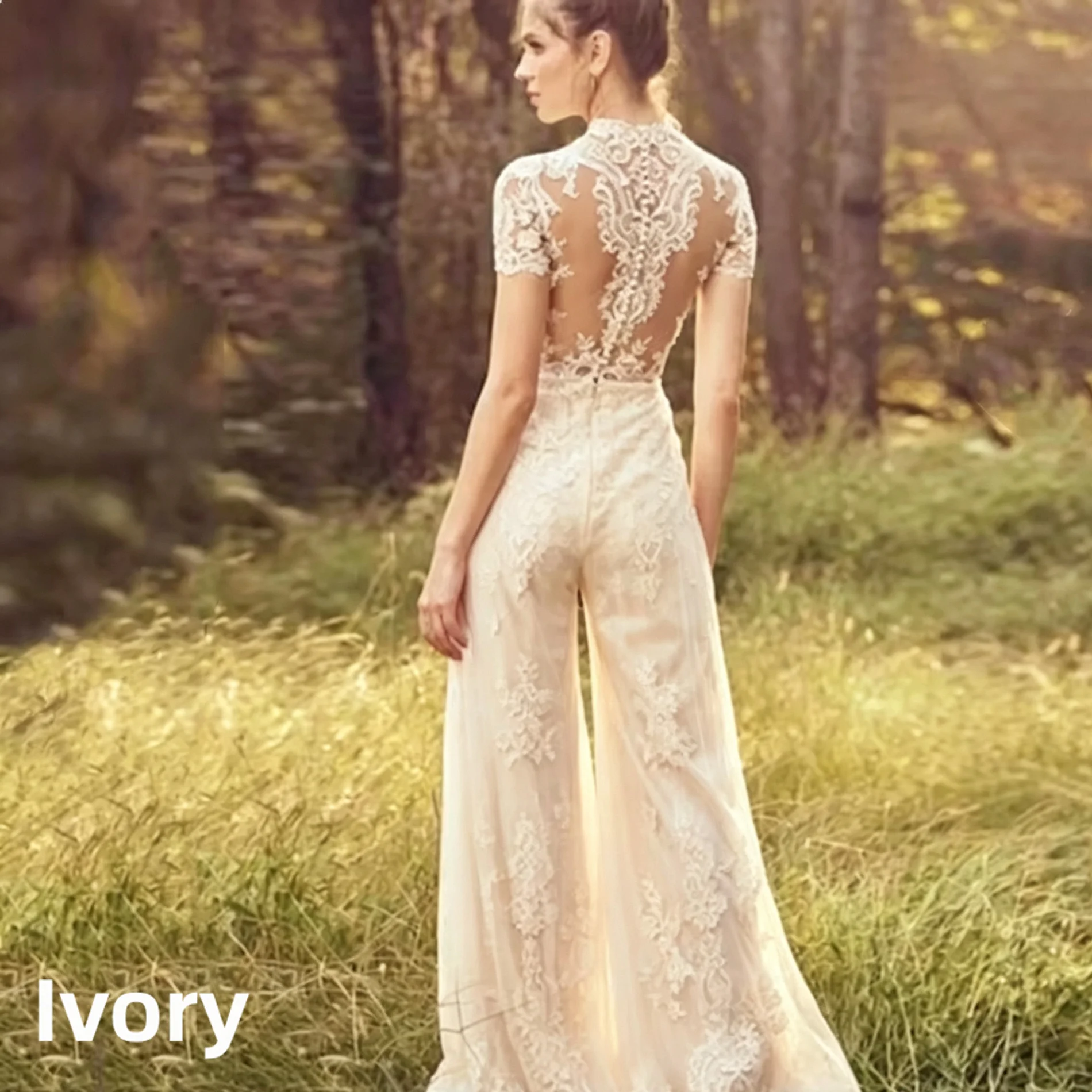 Bridal Jumpsuit High Neck Short Sleeve Lace Wedding Outfit Illusion Open Back Wide Leg Pants Bohemian Wedding Dress Custom Made