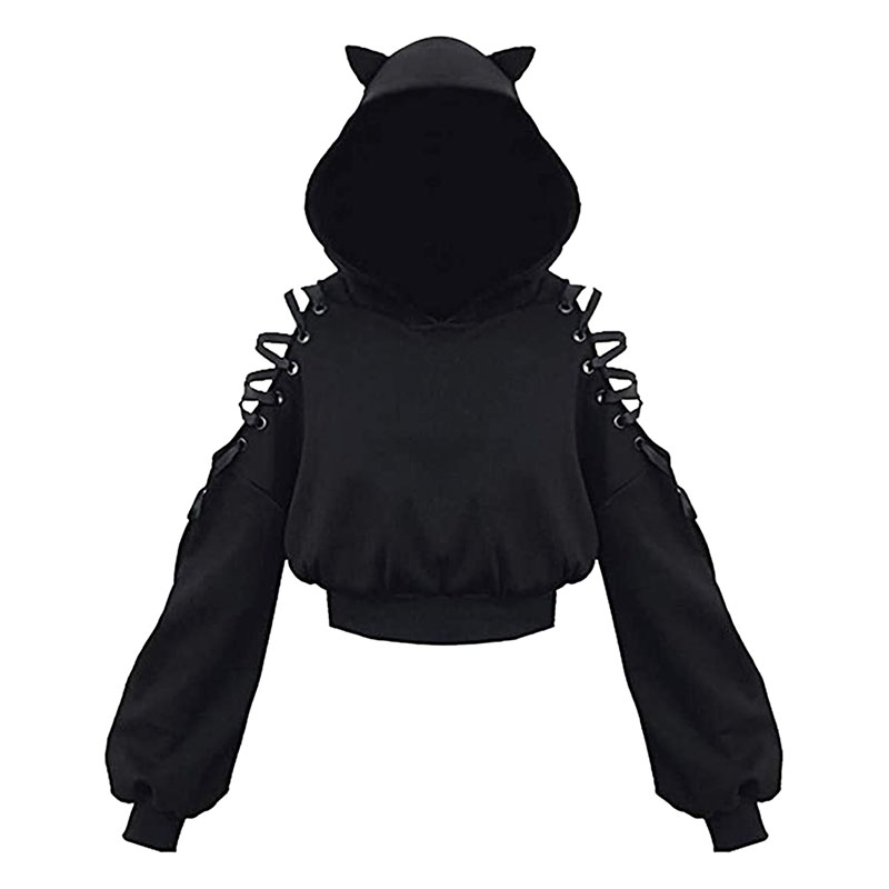 Women's Clothes Solid Color Gothic Hoddies Women's Sweatshirt Hollow Out Long Sleeve Hodded Casual Pullover Summer Autumn Y2k