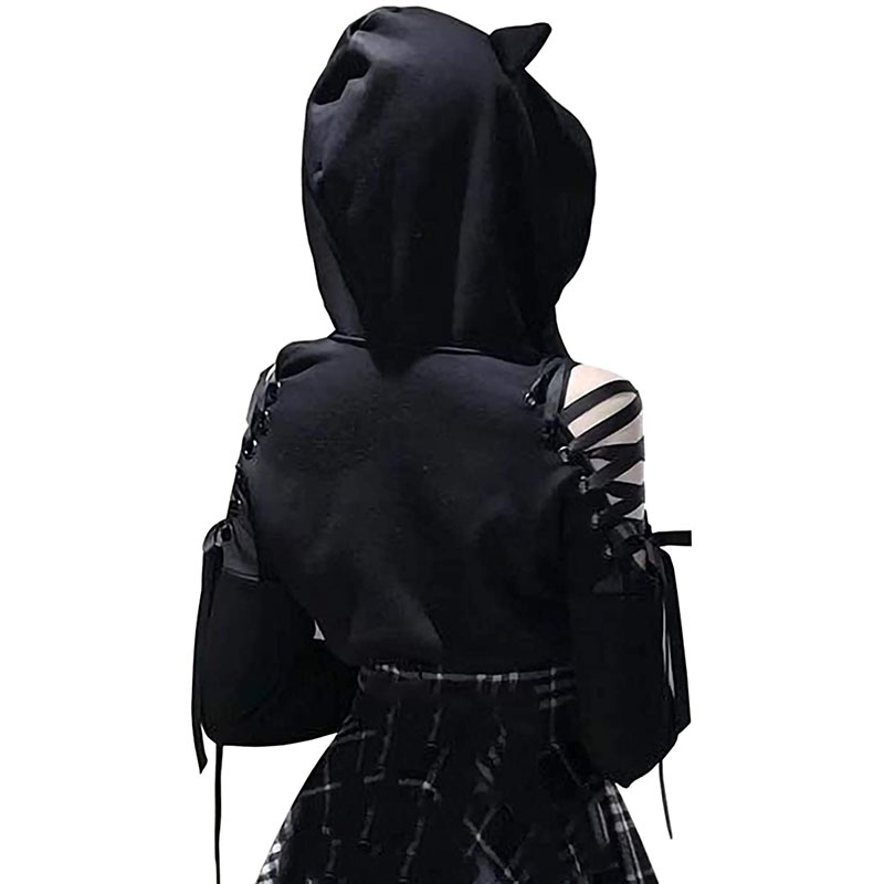 Women's Clothes Solid Color Gothic Hoddies Women's Sweatshirt Hollow Out Long Sleeve Hodded Casual Pullover Summer Autumn Y2k