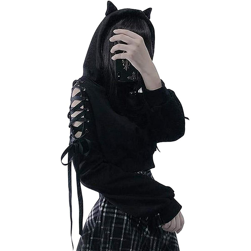 Women's Clothes Solid Color Gothic Hoddies Women's Sweatshirt Hollow Out Long Sleeve Hodded Casual Pullover Summer Autumn Y2k