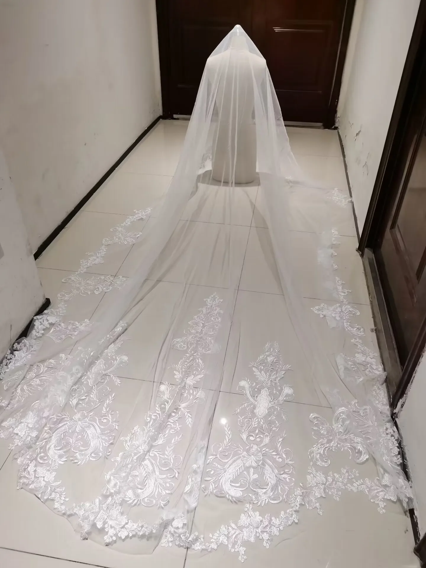 1T Appliques Lace Wedding Veil Long Veil Cathedral Bridal Veils Customized